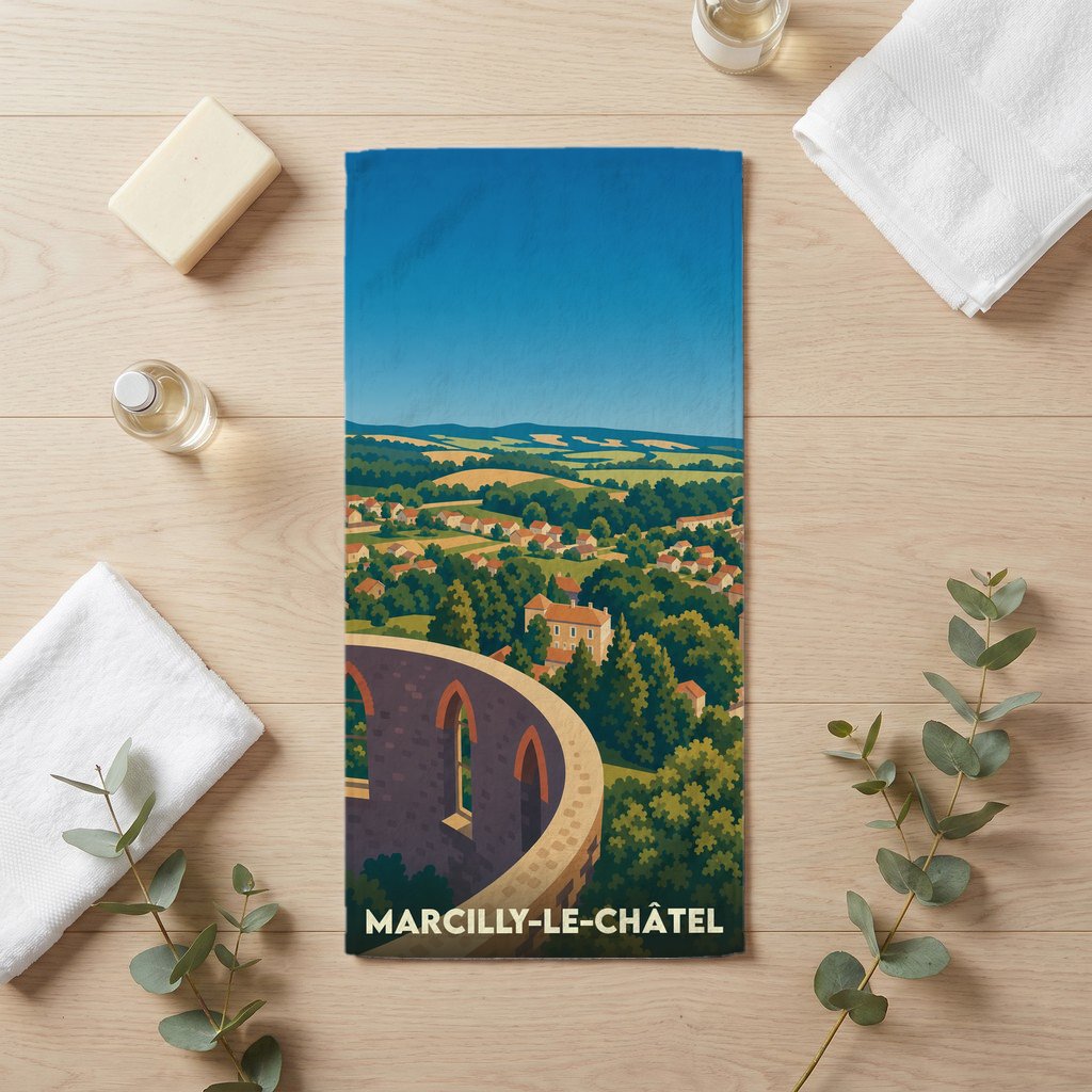 Serviette de bain souvenir de la ville de Marcilly-le-Châtel avec une illustration stylisée.