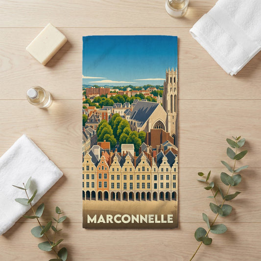 Serviette de bain souvenir de la ville de Marconnelle avec une illustration de style vintage.
