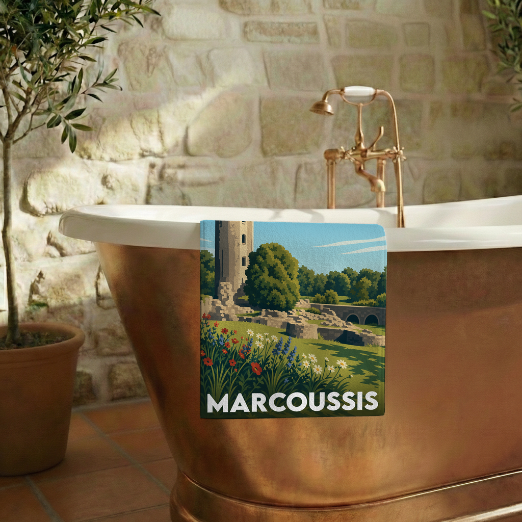 Serviette de bain souvenir de la ville de Marcoussis avec une illustration stylisée.