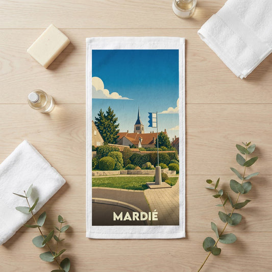 Serviette de bain souvenir de la ville de Mardié avec une illustration stylisée d'un paysage urbain.