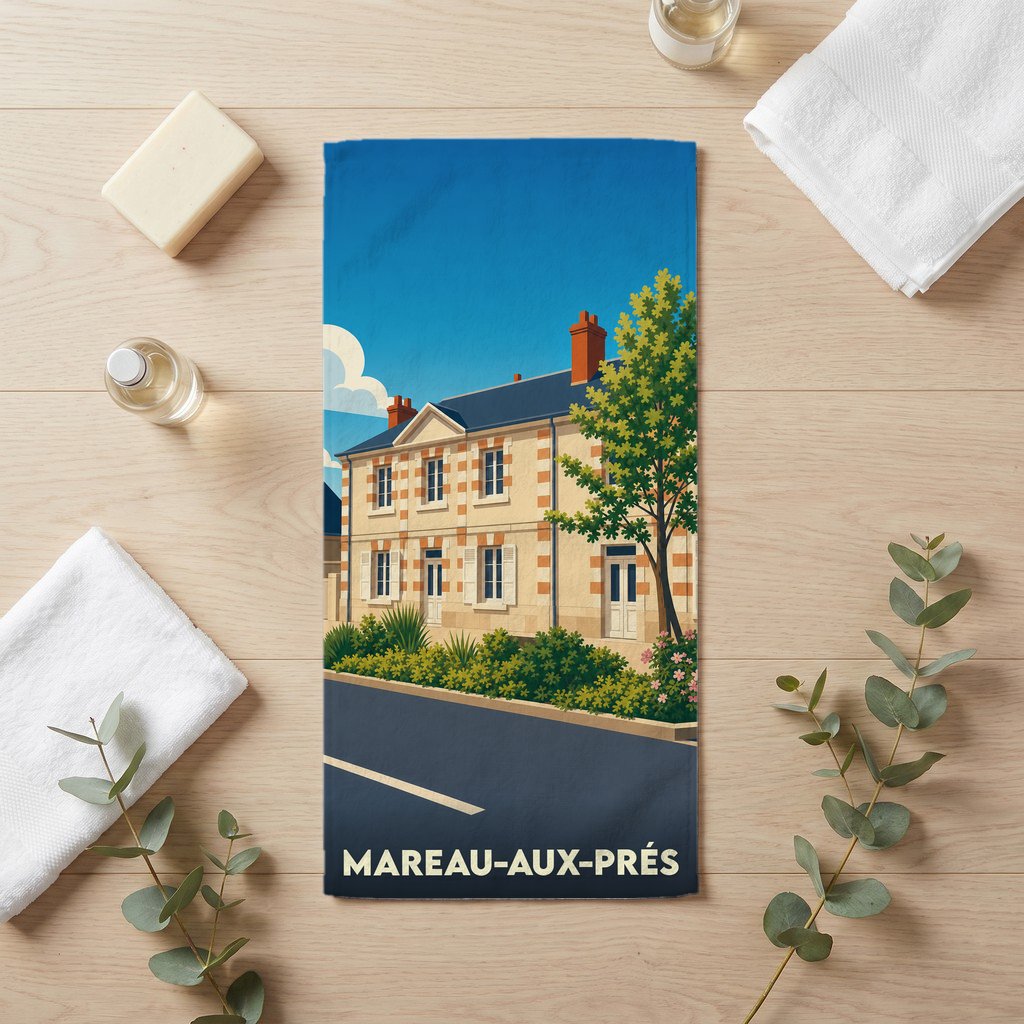 Serviette de bain souvenir de la ville de Mareau-aux-Prés avec une illustration stylisée.