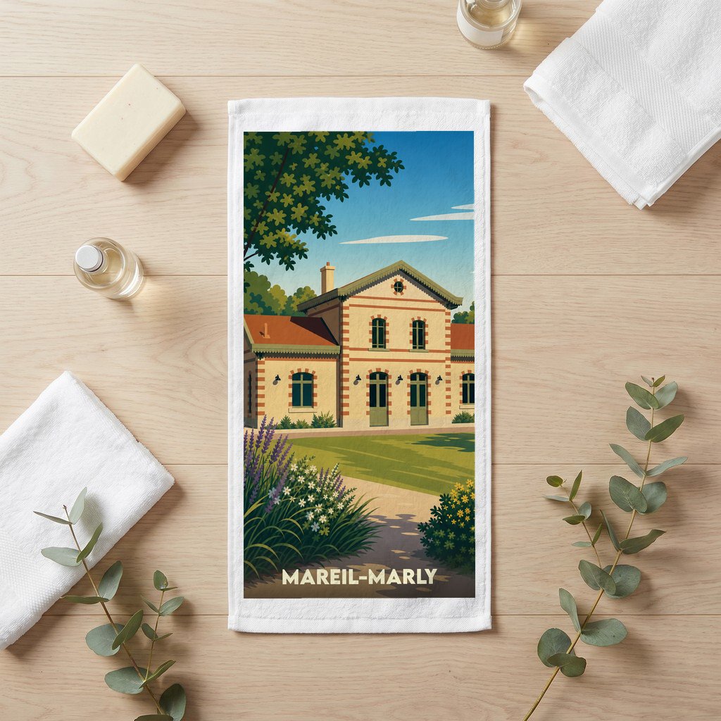 Serviette de bain souvenir de la ville de Mareil-Marly avec une illustration stylisée d'un bâtiment historique.