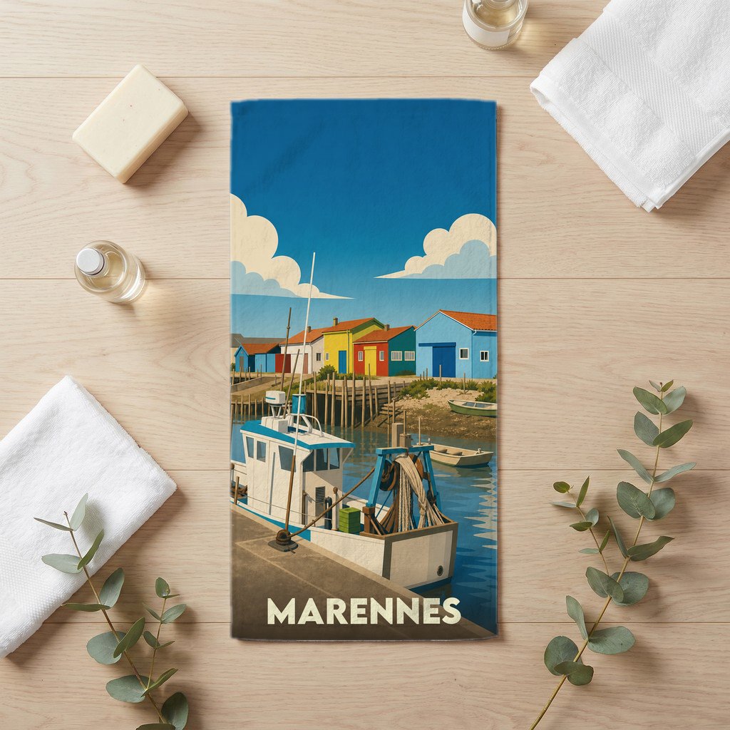 Serviette de bain souvenir de la ville de Marennes avec une illustration stylisée d'un port de pêche.