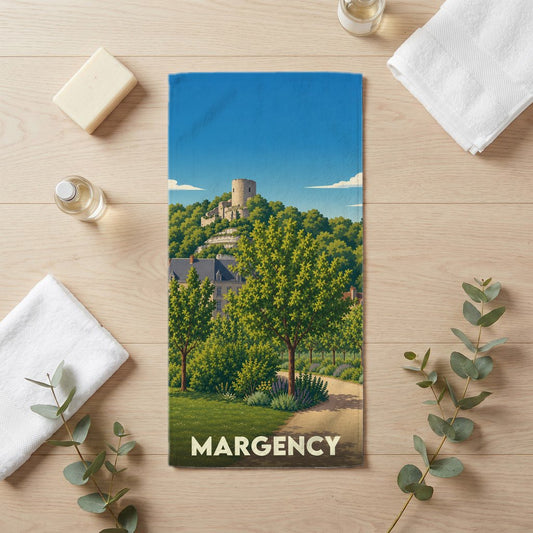 Serviette de bain souvenir de la ville de Margency avec une illustration stylisée.