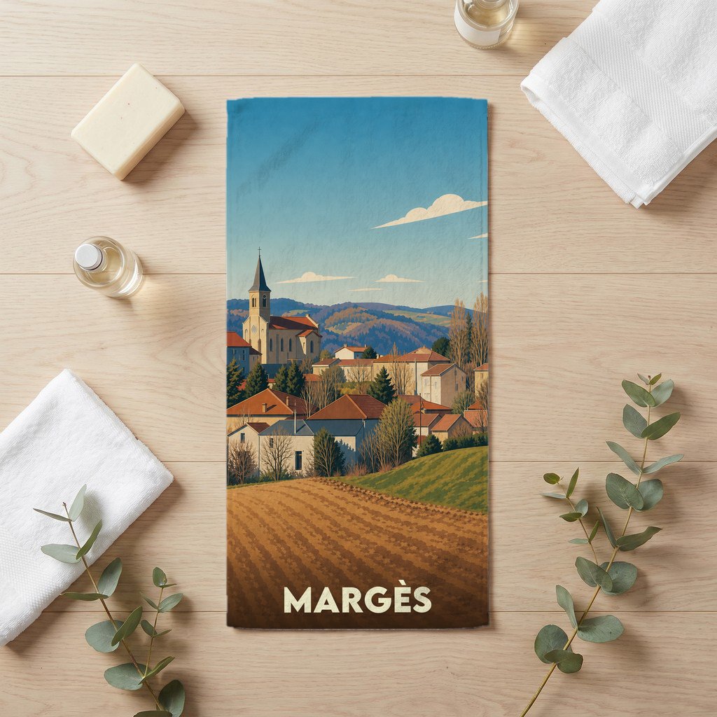 Serviette de bain souvenir de la ville de Margès avec une illustration stylisée d'un paysage de village.