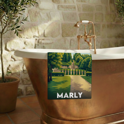 Serviette de bain souvenir de la ville de Marly avec une illustration stylisée d'un parc.