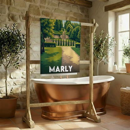 Serviette de bain souvenir de la ville de Marly avec une illustration stylisée de son parc.