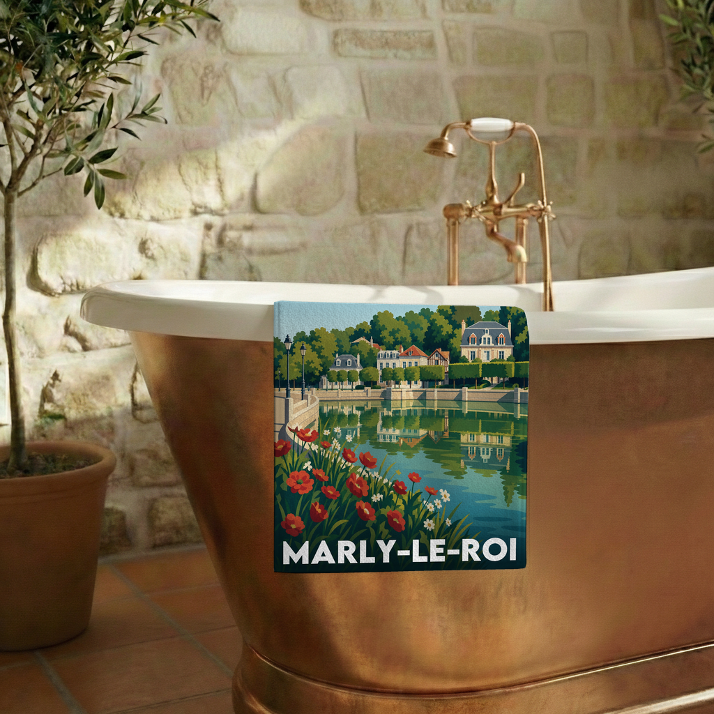 Serviette de bain souvenir de la ville de Marly-le-Roi avec une illustration stylisée.