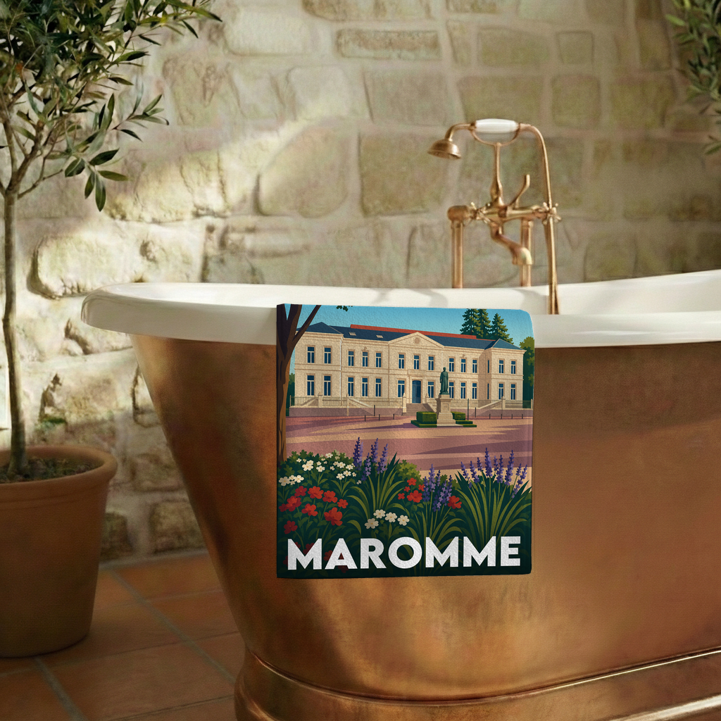 Serviette de bain souvenir de la ville de Maromme avec une illustration stylisée.