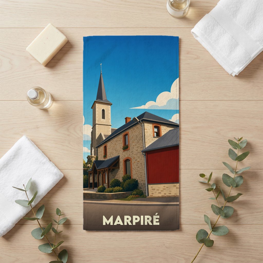 Serviette de bain souvenir de la ville de Marpiré avec une illustration stylisée de son église.