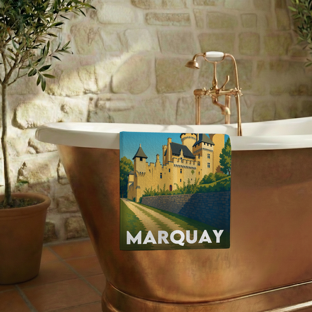 Serviette de bain souvenir de la ville de Marquay avec une illustration stylisée de château.