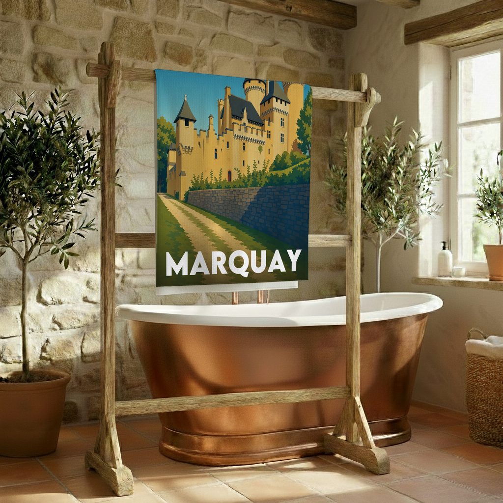 Serviette de bain souvenir de la ville de Marquay avec une illustration stylisée.