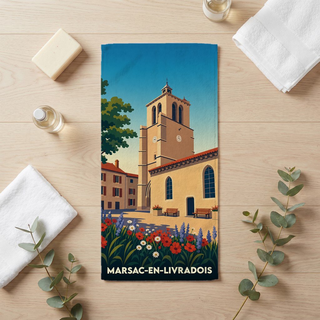 Serviette de bain souvenir de la ville de Marsac-en-Livradois avec une illustration stylisée de son église et de fleurs colorées.