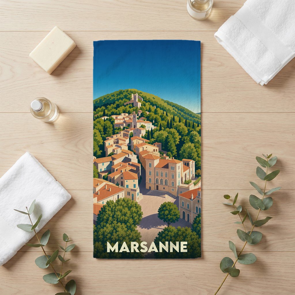Serviette de bain souvenir de la ville de Marsanne avec une illustration stylisée d'un village perché.