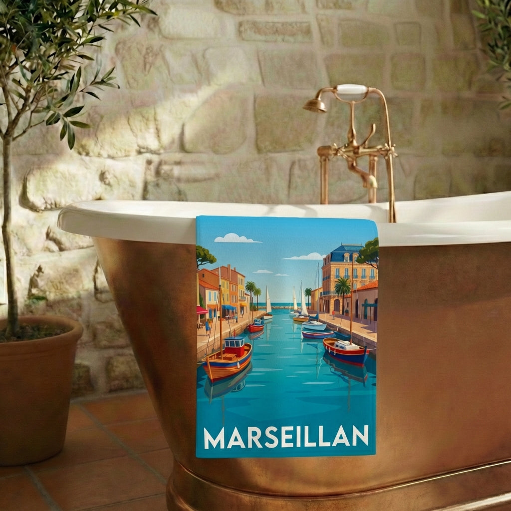 Serviette de bain souvenir de la ville de Marseillan avec une illustration stylisée de son port.