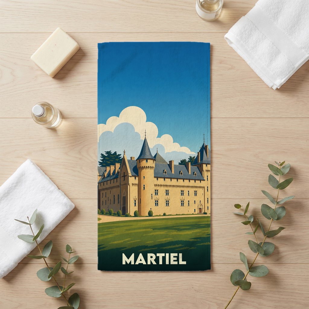 Serviette de bain souvenir de la ville de Martiel avec une illustration stylisée de son château.