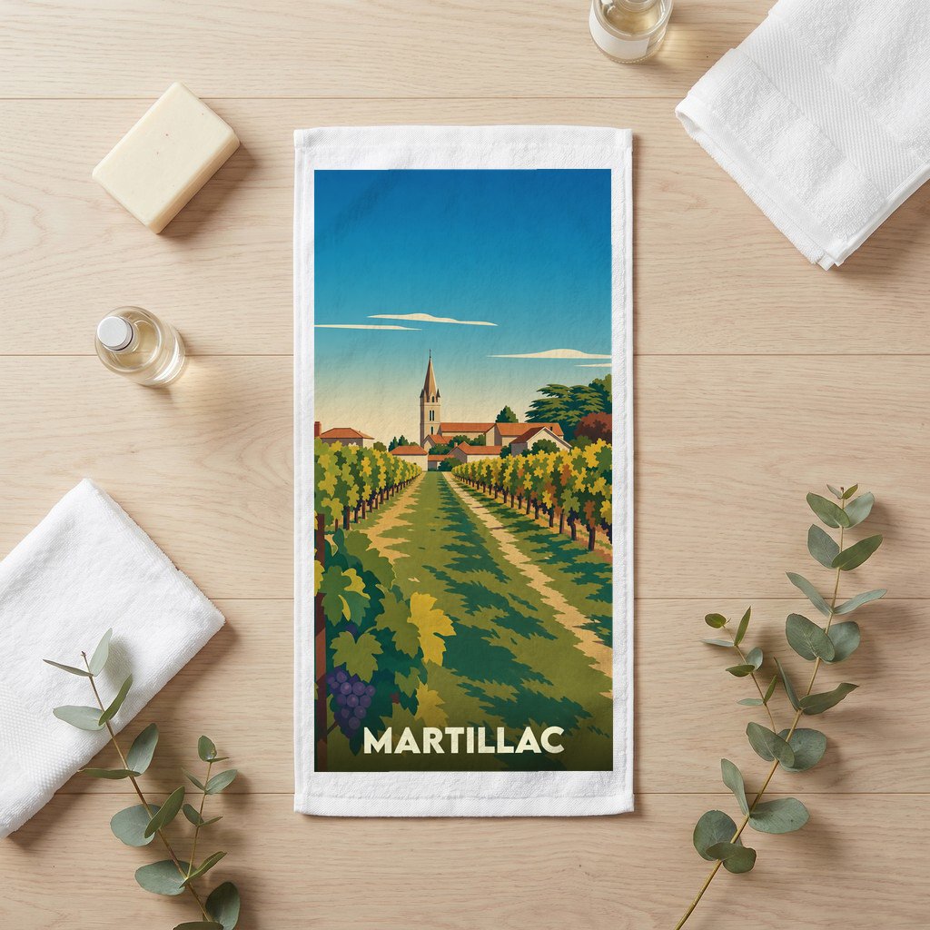 Serviette de bain souvenir de la ville de Martillac avec une illustration stylisée d'un vignoble et d'une église.
