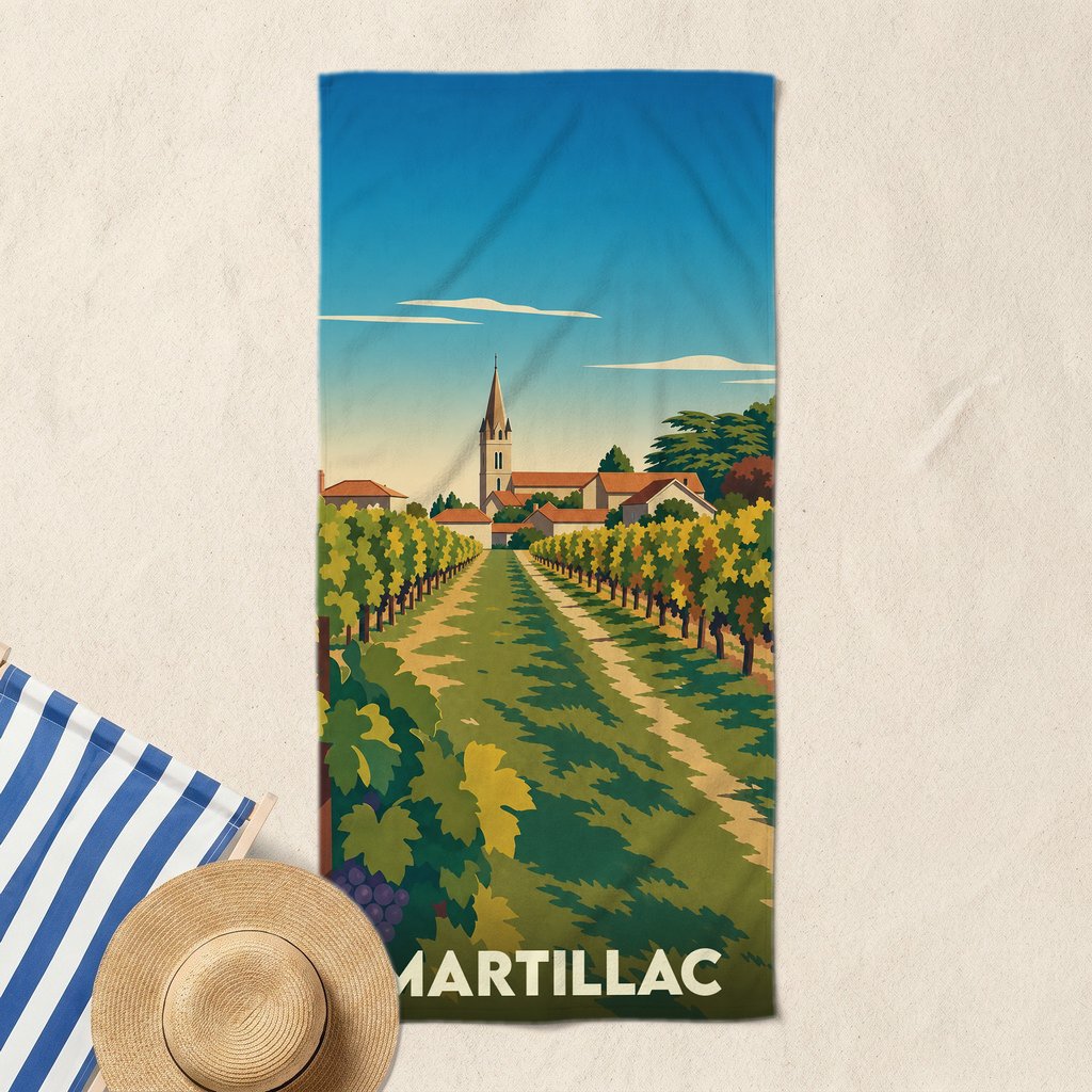 Serviette de bain souvenir de la ville de Martillac illustrée d'un paysage de vignoble stylisé.