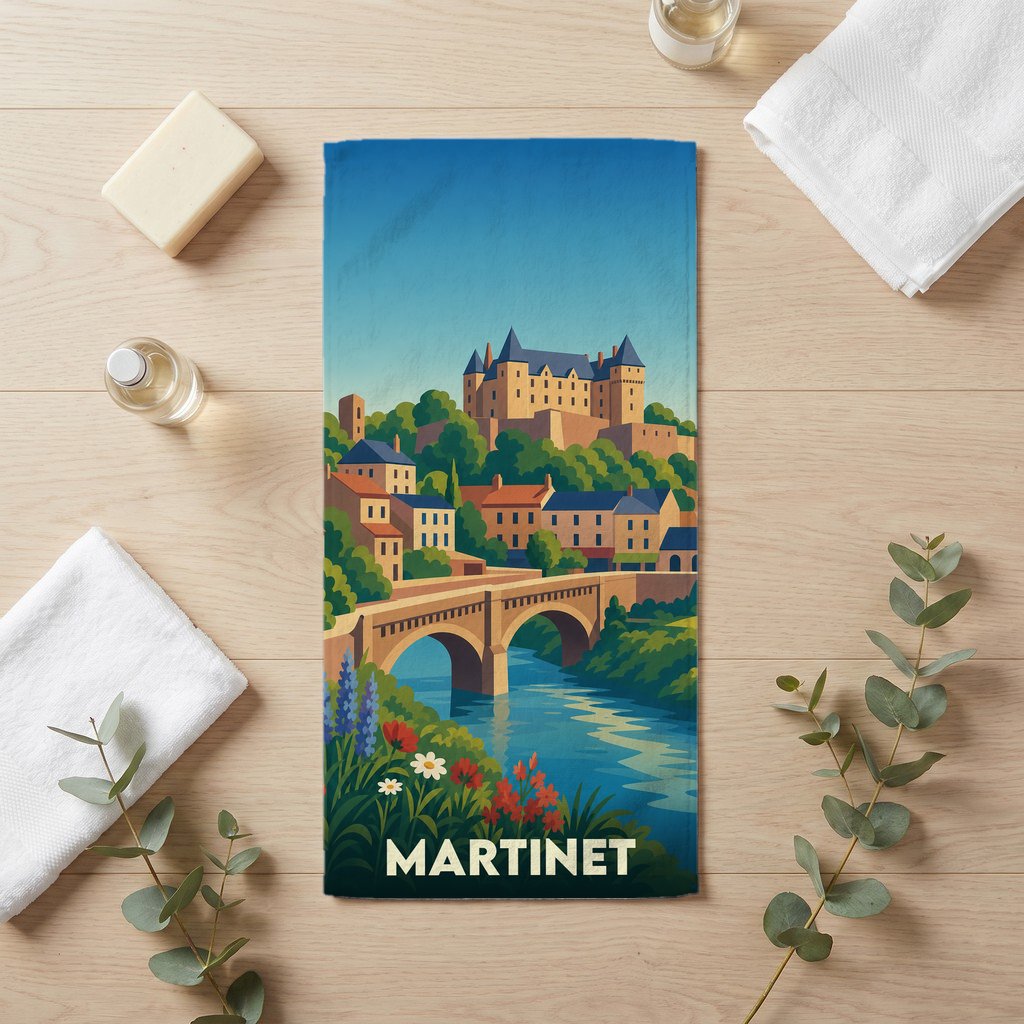 Serviette de bain souvenir de la ville de Martinet avec une illustration stylisée d'un château surplombant un pont.