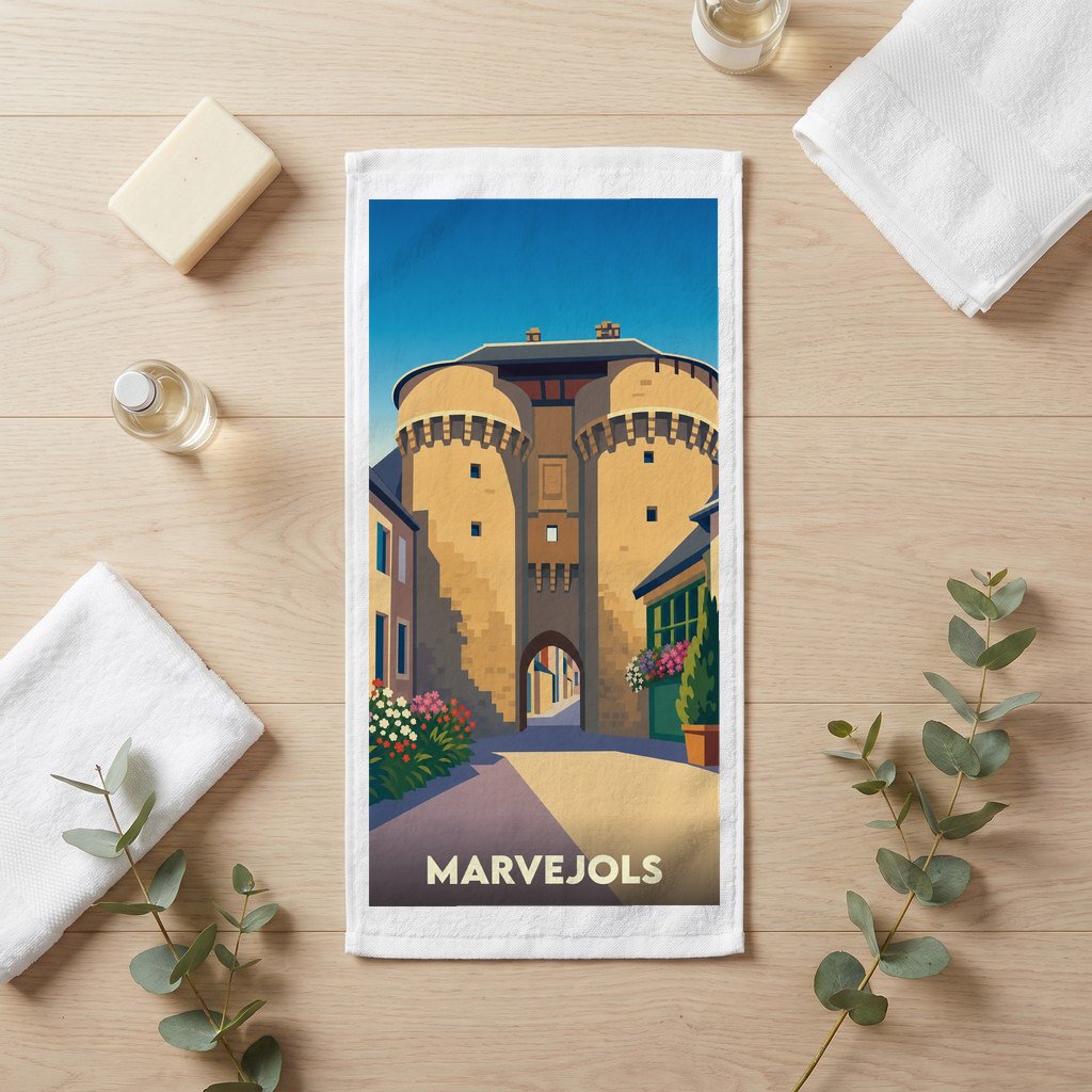 Serviette de bain souvenir de la ville de Marvejols avec une illustration stylisée d'une porte fortifiée.