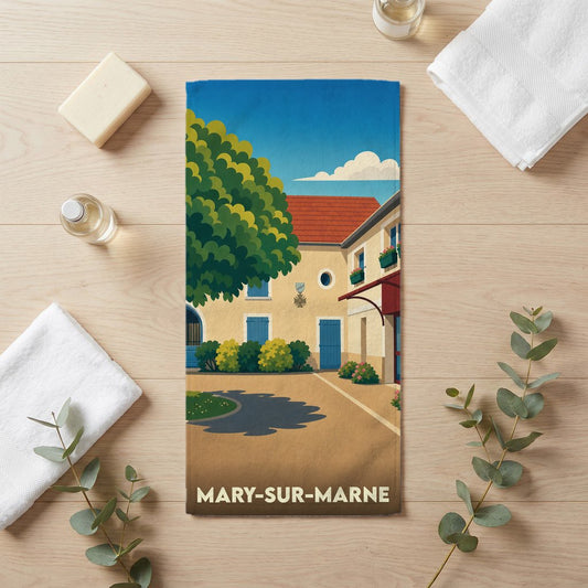 Serviette de bain souvenir de la ville de Mary-sur-Marne avec une illustration stylisée.