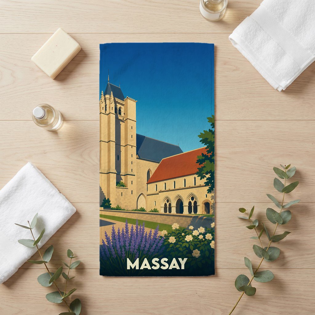 Serviette de bain souvenir de la ville de Massay avec une illustration stylisée de son église abbatiale.