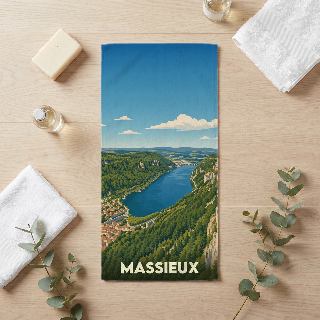 Serviette de bain souvenir de la ville de Massieux avec une illustration de paysage stylisée.