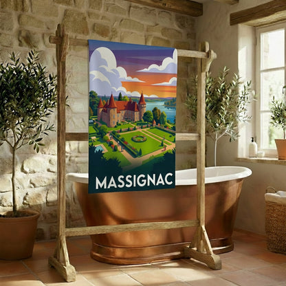 Serviette de bain souvenir de la ville de Massignac avec une illustration stylisée d'un château.