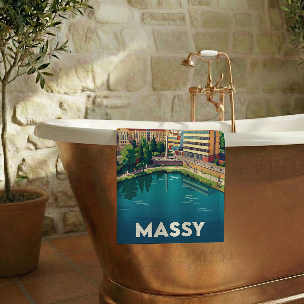 Serviette de bain souvenir de la ville de Massy avec une illustration stylisée.