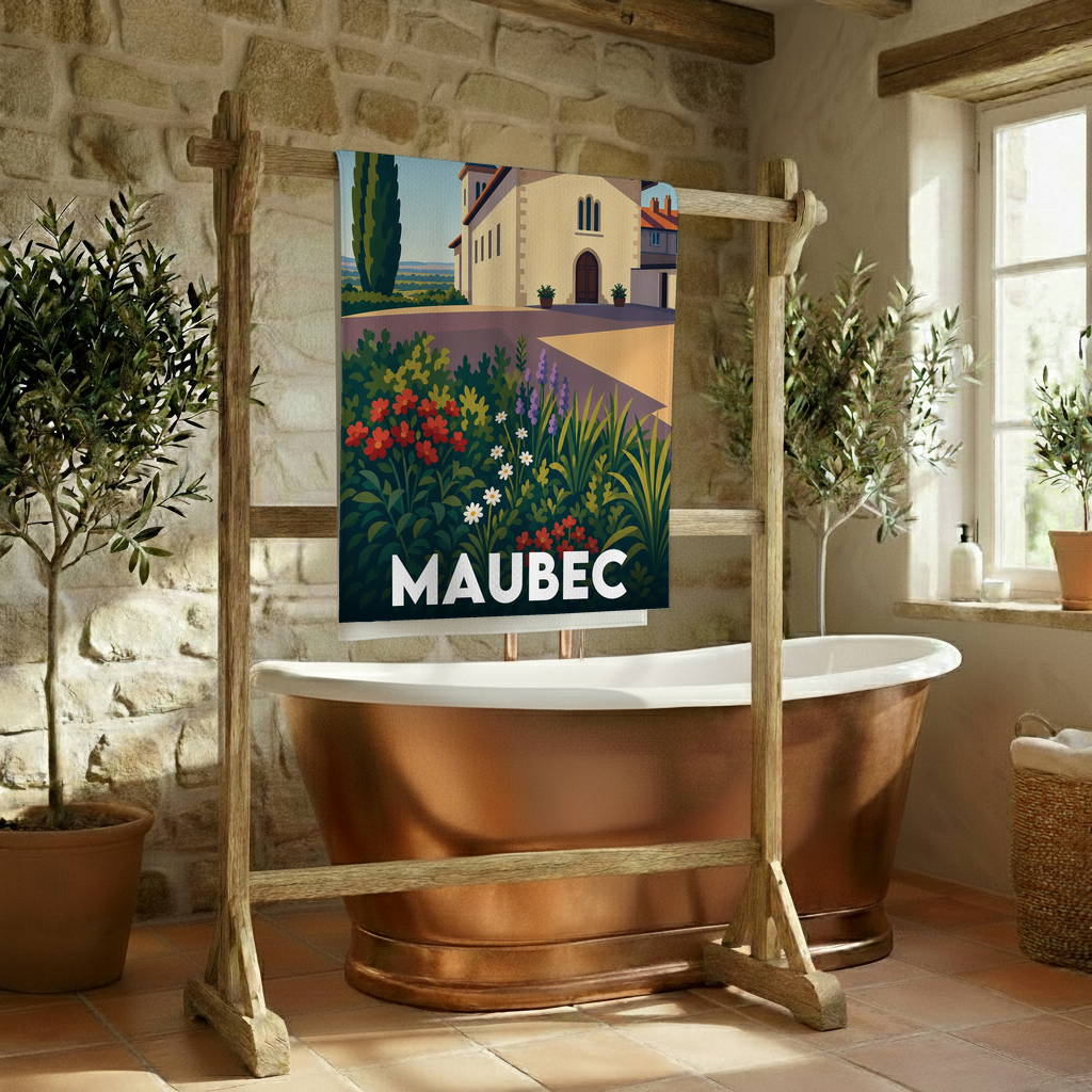 Serviette de bain souvenir de la ville de Maubec avec une illustration stylisée.
