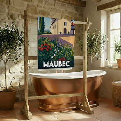 Serviette de bain souvenir de la ville de Maubec avec une illustration stylisée.