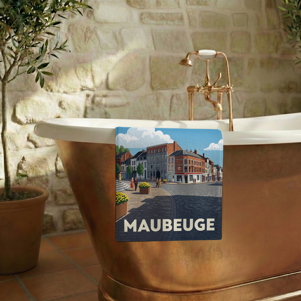 Serviette de bain souvenir de la ville de Maubeuge avec une illustration stylisée.