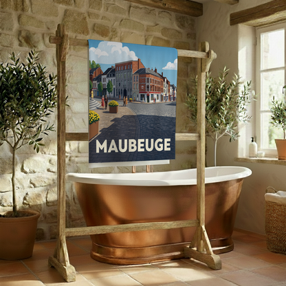 Serviette de bain souvenir de la ville de Maubeuge avec une illustration stylisée d'un paysage urbain.