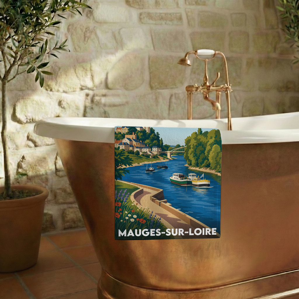 Serviette de bain souvenir de la ville de Mauges-sur-Loire avec une illustration stylisée.