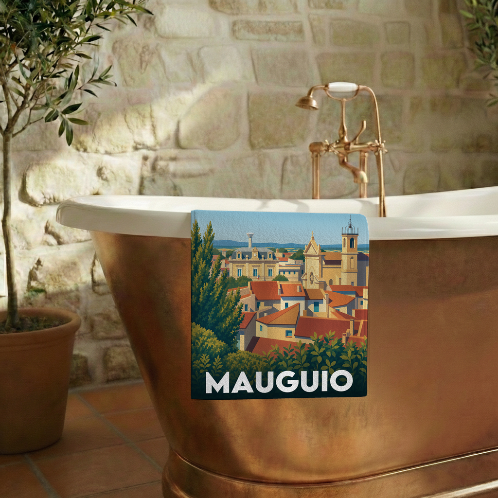 Serviette de bain souvenir de la ville de Mauguio avec une illustration stylisée.
