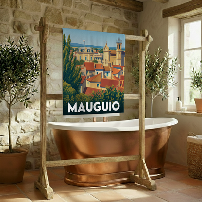 Serviette de bain souvenir de la ville de Mauguio avec une illustration stylisée.
