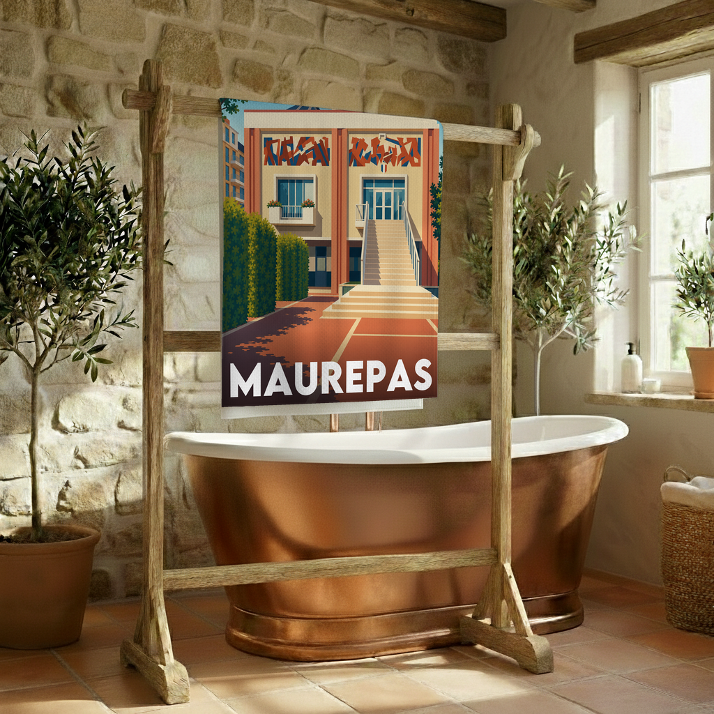 Serviette de bain souvenir de la ville de Maurepas avec une illustration stylisée.