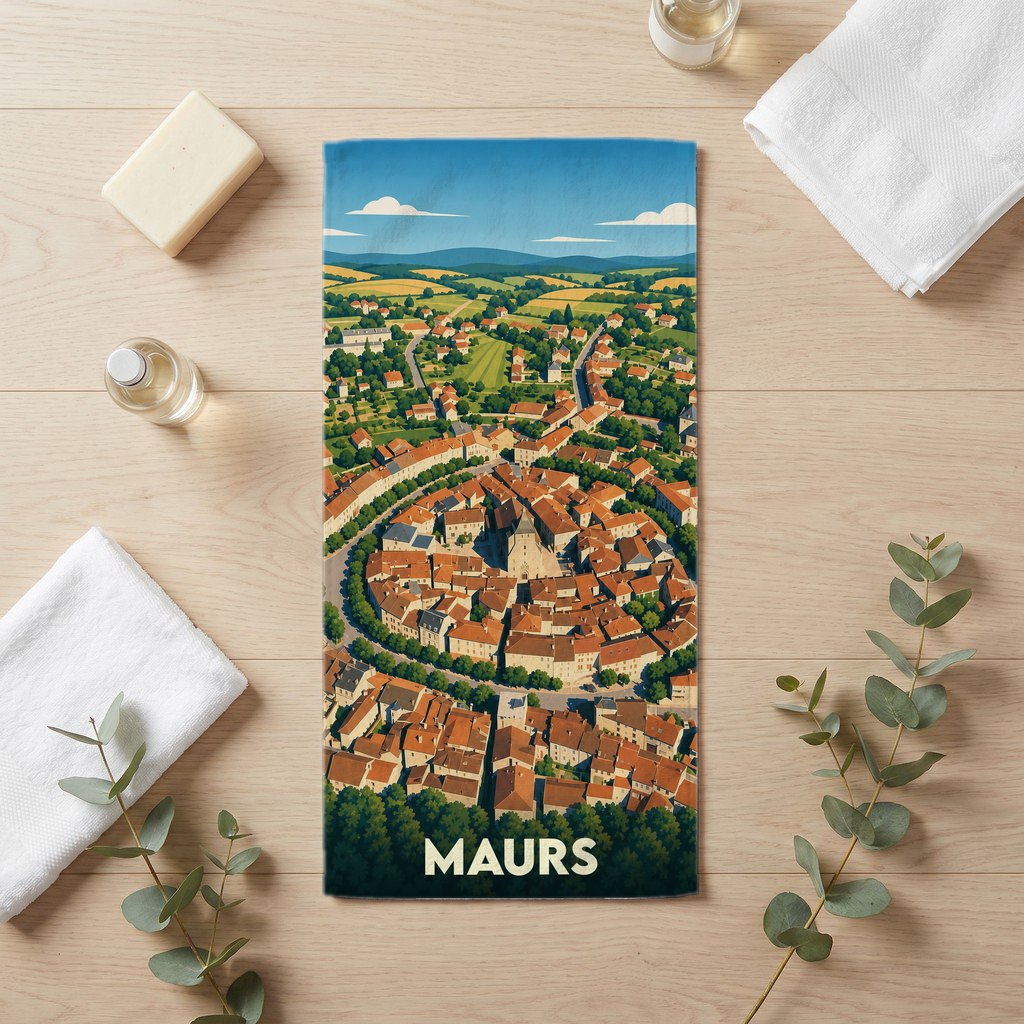 Serviette de bain souvenir de la ville de Maurs avec une illustration stylisée d'une vue aérienne.