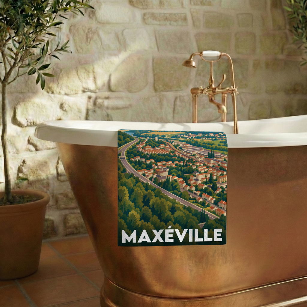 Serviette de bain souvenir de la ville de Maxéville avec une illustration stylisée.