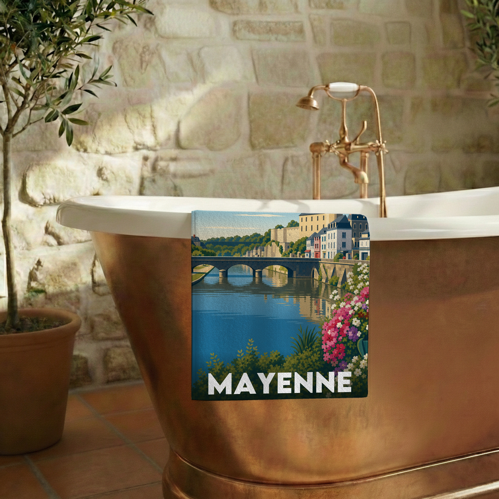 Serviette de bain souvenir de la ville de Mayenne avec une illustration stylisée.