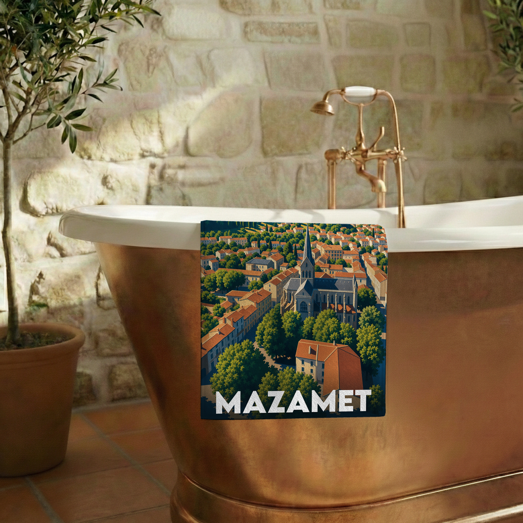 Serviette de bain souvenir de la ville de Mazamet avec une illustration stylisée.