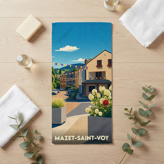 Serviette de bain souvenir de Mazet-Saint-Voy avec une illustration stylisée de la ville.