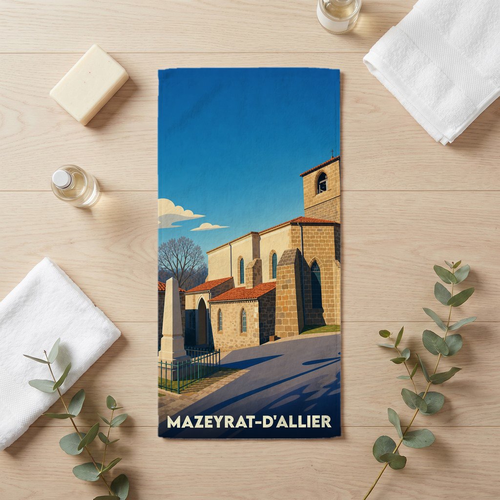Serviette de bain souvenir de la ville de Mazeyrat-d'Allier avec une illustration stylisée de son église et d'un monument.