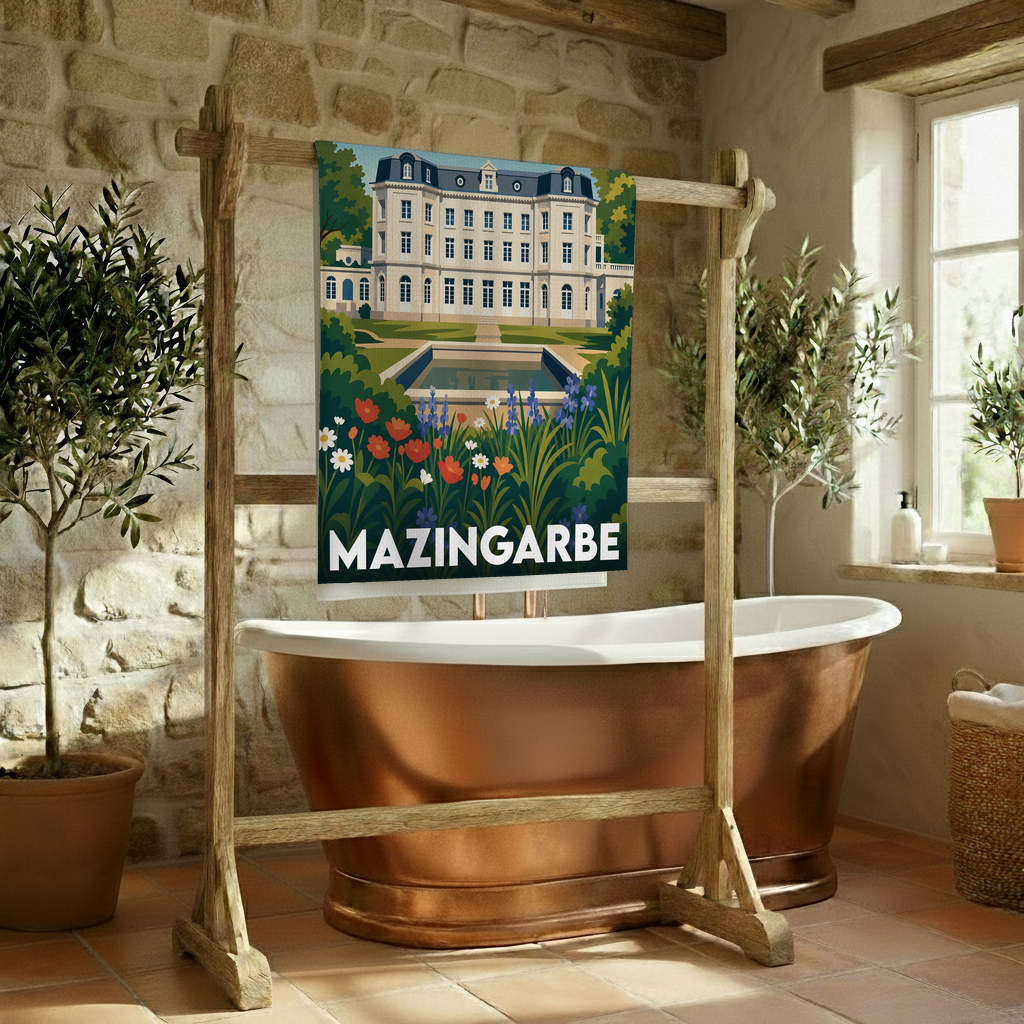 Serviette de bain souvenir de la ville de Mazingarbe avec une illustration stylisée.