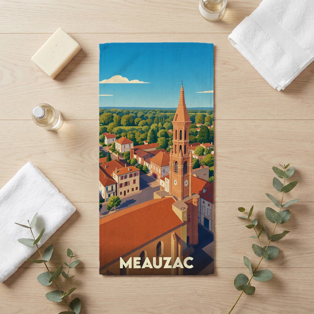 Serviette de bain souvenir de la ville de Meauzac avec une illustration stylisée de son église et de ses toits.