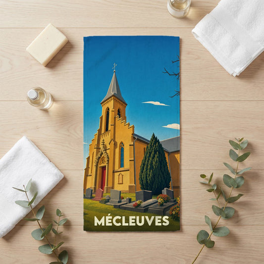 Serviette de bain souvenir de la ville de Mécleuves illustrée d'une église de style affiche vintage.