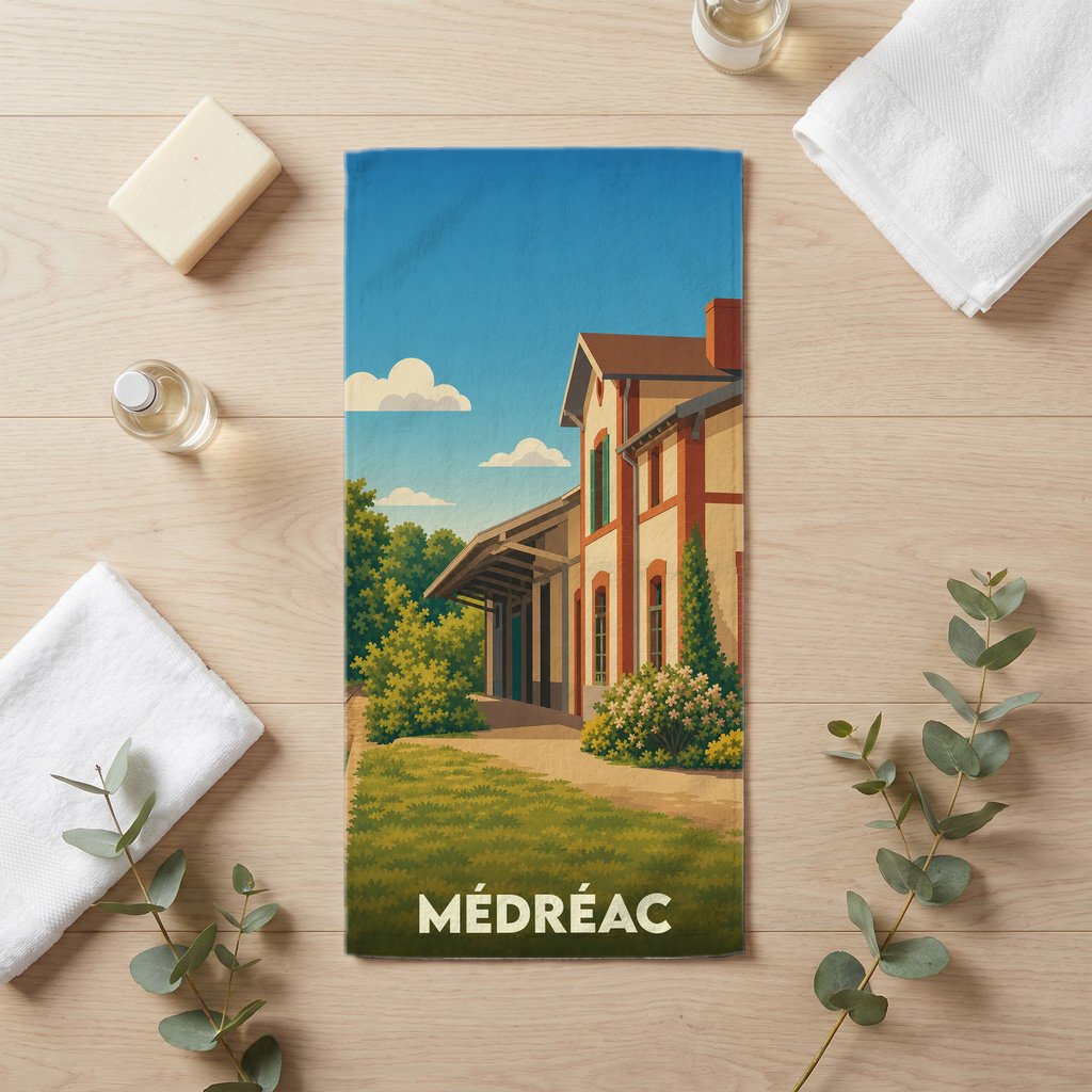 Serviette de bain souvenir de la ville de Médréac avec une illustration stylisée de sa gare ferroviaire.