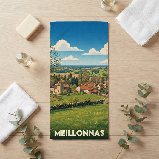 Serviette de bain souvenir de la ville de Meillonnas avec une illustration stylisée de son paysage rural.