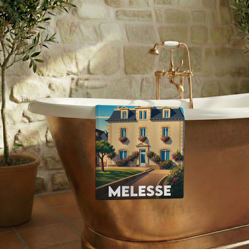Serviette de bain souvenir de la ville de Melesse avec une illustration stylisée d'une maison fleurie.