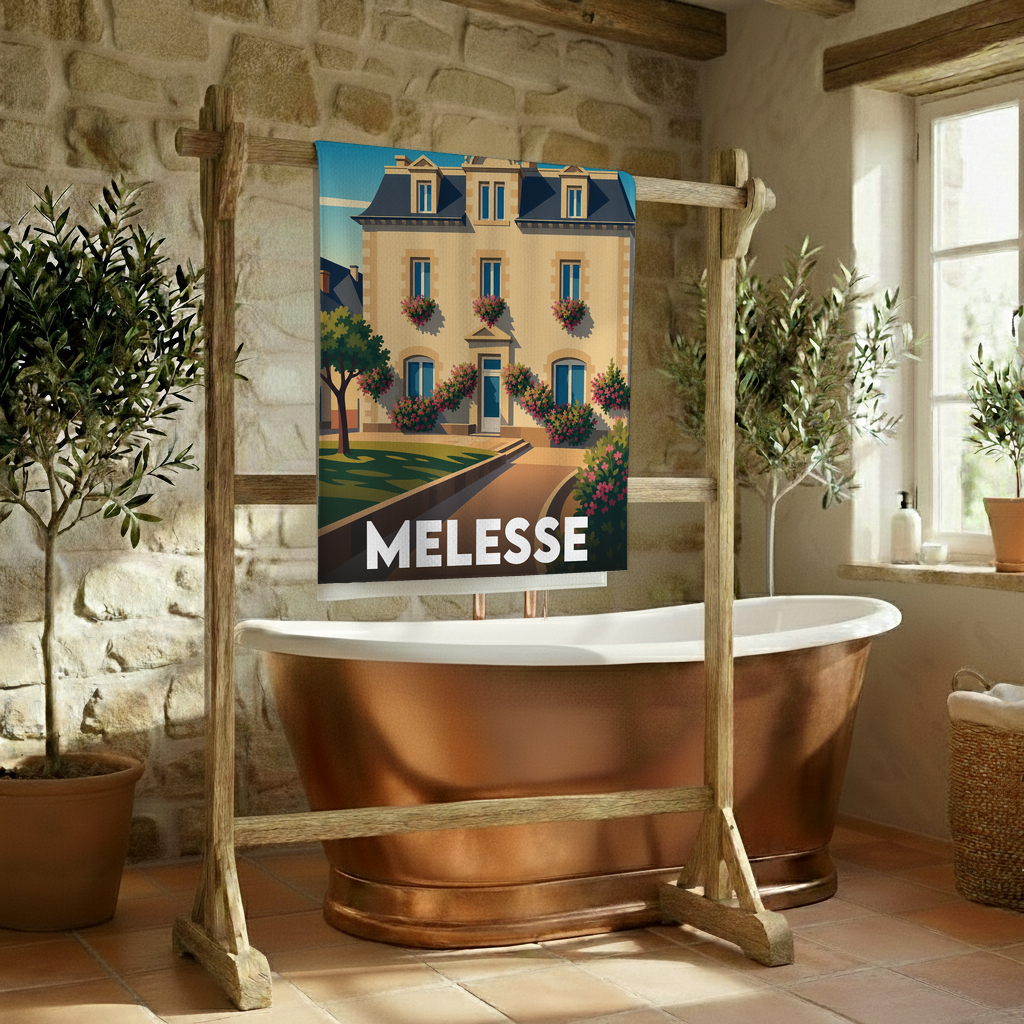 Serviette de bain souvenir de la ville de Melesse avec une illustration stylisée d'une demeure traditionnelle fleurie.